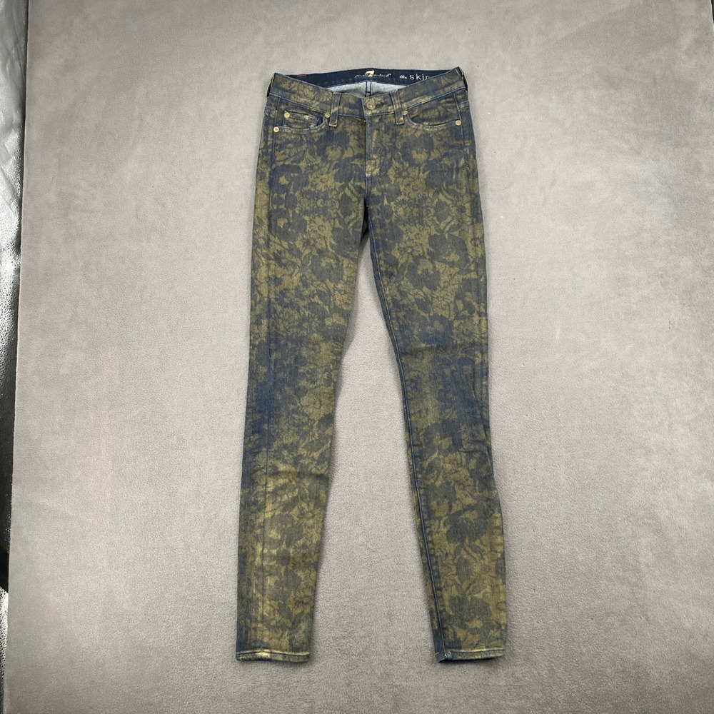 7 For All Mankind The Skinny Gold Floral Metallic Brocade Jeans 25 Indigo 8149